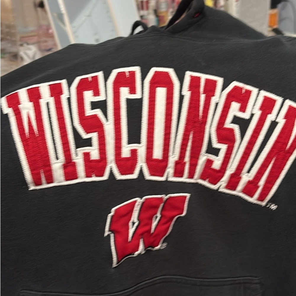 Wisconsin Black Hoodie with Red Lettering